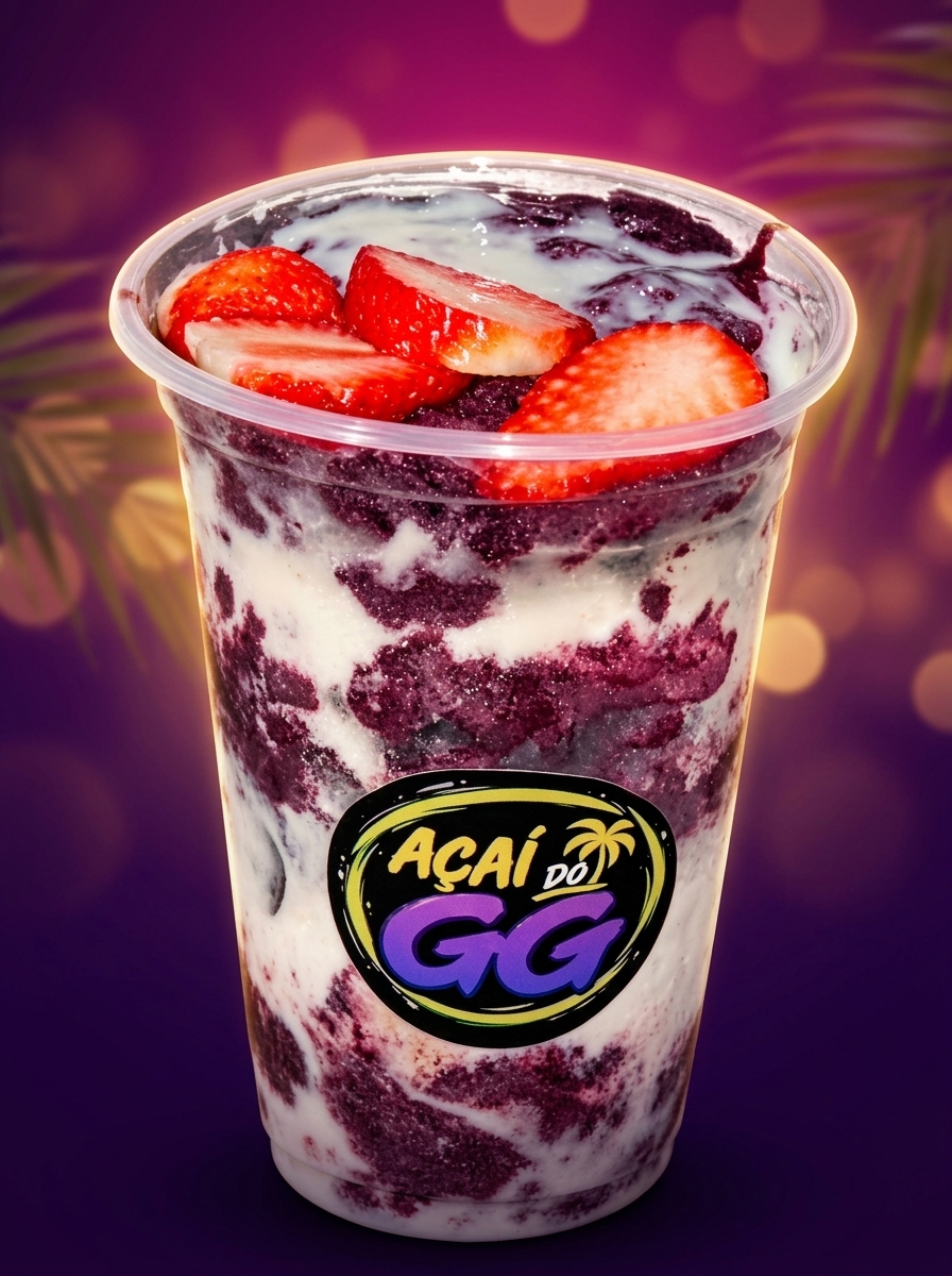 Copo real do Açaí do GG com camadas cremosas e morangos frescos